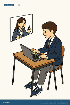 전신 여자 남자 교복 의자 일러스트 청소년 고등학생 미소 앉기 상반신 성인 두명 노트북 강사 가리킴 타이핑 책상 온라인강의 국내일러스트 AI파일 직업 학생 옷 가구 모션 표정 사람 손짓 전자제품 강의 파일형식 벡터 언택트