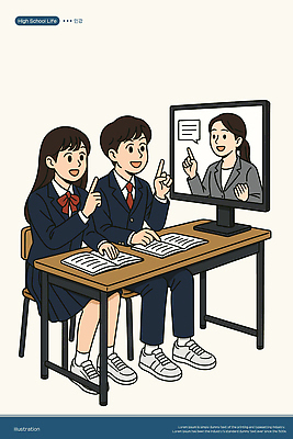 전신 여자 남자 교복 말풍선 의자 일러스트 청소년 고등학생 교재 미소 앉기 상반신 성인 책 세명 모니터 강사 가리킴 책상 온라인강의 국내일러스트 AI파일 직업 학생 옷 교육 가구 모션 표정 사람 손짓 컴퓨터 강의 파일형식 벡터 언택트