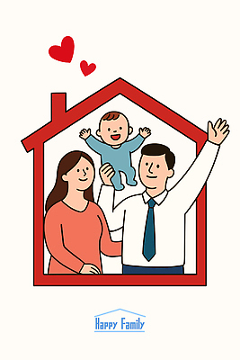 여자 남자 행복 일러스트 가족 굴뚝 사랑 미소 들기 정장 상반신 성인 빨간색 세명 손들기 만세 하트 아기 손인사 집모양 국내일러스트 AI파일 모양 옷 감정 컬러 관계 모션 표정 사람 인사 파일형식 벡터