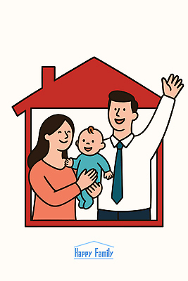 여자 남자 행복 일러스트 가족 안기 굴뚝 사랑 미소 정장 상반신 성인 빨간색 세명 손들기 하트 아기 손인사 집모양 국내일러스트 AI파일 모양 옷 감정 컬러 관계 모션 표정 사람 인사 파일형식 벡터