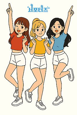 전신 여자 포즈 일러스트 응원 윙크 미소 성인 세명 손들기 가리킴 치어리더 서포터즈 활기 손하트 다리들기 단체복 성인여자만 일러캐릭터 AI파일 캐릭터 옷 컨셉 모션 표정 사람 손짓 여자만 성인만 파일형식 벡터