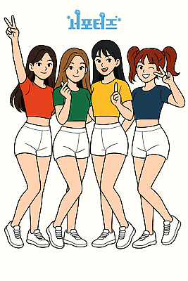 전신 여자 포즈 일러스트 응원 윙크 미소 여러명 성인 손들기 가리킴 브이 치어리더 서포터즈 활기 손하트 단체복 성인여자만 일러캐릭터 AI파일 캐릭터 옷 다수 컨셉 모션 표정 사람 손짓 여자만 성인만 파일형식 벡터