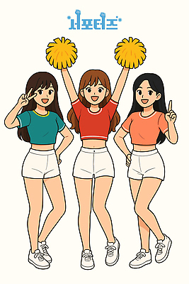 전신 여자 허리손 포즈 일러스트 응원 미소 들기 성인 세명 만세 가리킴 브이 치어리더 서포터즈 활기 응원수술 단체복 성인여자만 일러캐릭터 AI파일 캐릭터 옷 컨셉 모션 표정 사람 손짓 응원용품 여자만 성인만 파일형식 벡터