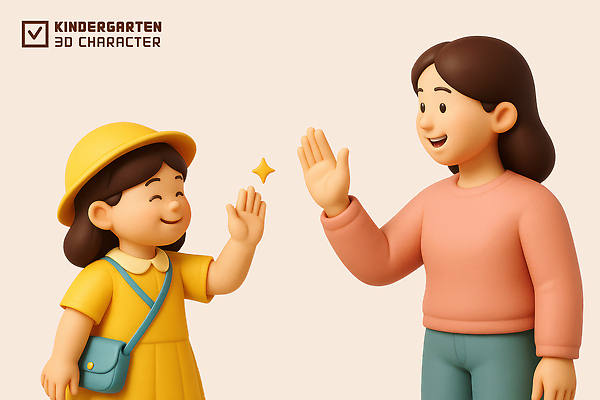PSD 편집이미지 여자 남자 어린이 가방 미소 소녀 상반신 성인 두명 반짝임 3D 손들기 유치원 유치원생라이프 손인사 유치원복 유치원선생님 유치원모자 여자만 편집3D 모자_잡화 라이프스타일 잡화 옷 교육 모션 표정 사람 교사 인사 디지털합성 파일형식