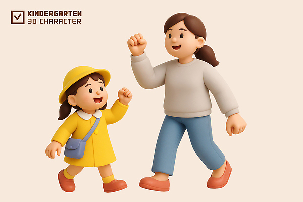 전신 PSD 편집이미지 여자 어린이 가방 미소 소녀 성인 두명 3D 손들기 걷기 유치원 유치원생라이프 유치원복 유치원선생님 유치원모자 여자만 편집3D 모자_잡화 라이프스타일 잡화 옷 교육 모션 표정 사람 교사 디지털합성 파일형식