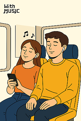 커플 여자 남자 여유 음표 일러스트 들기 앉기 성인 두명 스마트폰 눈감음 음악감상 기차 힐링 무선이어폰 성인만 국내일러스트 AI파일 기호 감정 음악 육상교통 이어폰 관계 모션 대중교통 사람 핸드폰 스마트기기 감상 파일형식 벡터