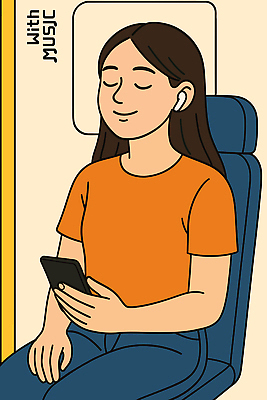 여자 여유 일러스트 한명 들기 앉기 성인 스마트폰 눈감음 음악감상 기차 힐링 무선이어폰 성인여자한명만 국내일러스트 AI파일 1 감정 육상교통 이어폰 모션 대중교통 사람 핸드폰 스마트기기 감상 여자한명만 성인여자만 파일형식 벡터