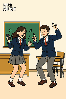 전신 커플 여자 남자 교복 의자 음표 일러스트 교실 청소년 웃음 들기 두명 스마트폰 칠판 음악감상 춤 책상 즐거움 교탁 십대만 국내일러스트 AI파일 기호 옷 교육 감정 음악 가구 학교 관계 모션 문화예술 표정 사람 핸드폰 스마트기기 감상 파일형식 벡터