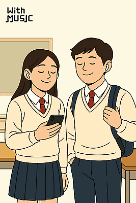 커플 여자 남자 교복 여유 음악 일러스트 교실 청소년 책가방 들기 두명 스마트폰 눈감음 칠판 음악감상 잡기 책상 주머니손 힐링 무선이어폰 십대만 국내일러스트 AI파일 옷 교육 감정 이어폰 가구 가방 학교 관계 모션 문화예술 사람 핸드폰 스마트기기 감상 파일형식 벡터