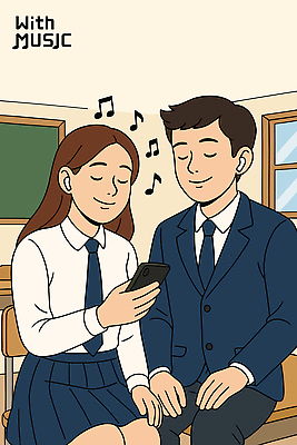 커플 여자 남자 교복 여유 음표 일러스트 교실 청소년 들기 앉기 두명 스마트폰 눈감음 칠판 음악감상 책상 힐링 무선이어폰 십대만 국내일러스트 AI파일 기호 옷 교육 감정 음악 이어폰 가구 학교 관계 모션 사람 핸드폰 스마트기기 감상 파일형식 벡터