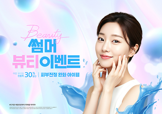 PSD 템플릿 응시 여자 하늘색 한명 이벤트 상반신 성인 세일 만지기 물방울 피부관리 의료성형뷰티 스플래쉬 성인여자한명만 수분케어 여름맞이 이미지템플릿 1 시선 모션 관리 사람 파란색 뷰티 여자한명만 성인여자만 파일형식 여름_계절