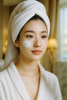 JPG 편집이미지 여자 한명 미소 상반신 성인 수건 가운 크림 피부관리 테라피 의료성형뷰티 성인여자한명만 편집실사 AI인물포토 AI콘텐츠 1 옷 표정 사람 위생용품 뷰티 CG 여자한명만 성인여자만 파일형식 AI포토