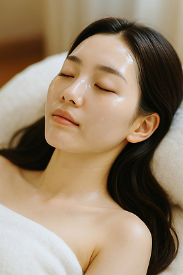 JPG 편집이미지 여자 한명 미소 상반신 성인 수건 눕기 눈감음 피부관리 광택 테라피 의료성형뷰티 성인여자한명만 편집실사 AI인물포토 AI콘텐츠 1 모션 표정 사람 위생용품 뷰티 CG 여자한명만 성인여자만 파일형식 AI포토