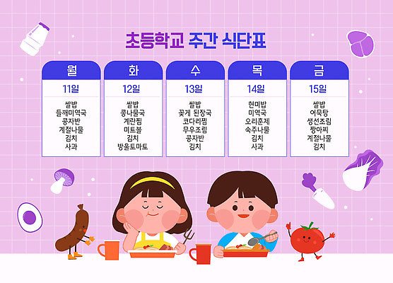 여자 남자 어린이 포크 토마토 일러스트 식탁 초등학교 육류 미소 들기 소녀 소년 상반신 두명 컵 귀여움 계란 숟가락 보라색 버섯 당근 머리띠 소시지 먹기 배추 격자 식판 급식 식단표 요구르트 타일벽 어린이만 국내일러스트 AI파일 식기 벽 컬러 컨셉 무늬 채소 식재료 장신구 학교 모션 탁자 유제품 뿌리채소 수저 표정 사람 알 가공식품 파일형식 벡터