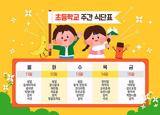 여자 남자 꽃 어린이 일러스트 바나나 초등학교 미소 들기 소녀 소년 상반신 두명 반짝임 노란색 귀여움 숟가락 깃발 보자기 풀 물통 도시락 급식 식단표 어린이만 국내일러스트 AI파일 식물 음식 컬러 컨셉 과일 학교 모션 수저 표정 사람 파일형식 벡터 천_직물