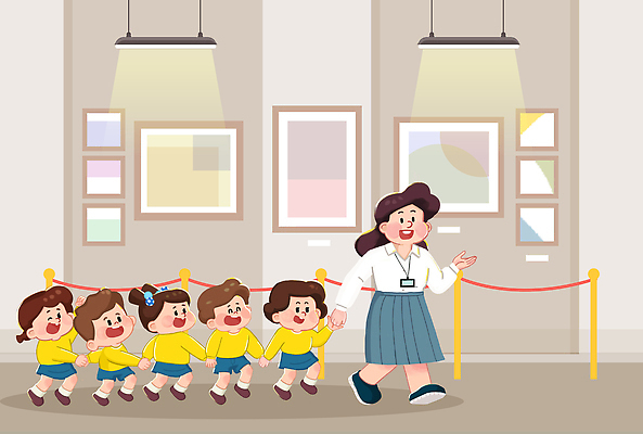 전신 PSD 여자 남자 어린이 액자 일러스트 조명 설명 미소 웃음 소녀 소년 여러명 성인 울타리 손들기 걷기 손잡기 유치원생 체험학습 미술관 즐거움 박물관 유치원복 질서 관람 유치원선생님 국내일러스트 옷 감정 다수 모션 표정 사람 담장 교사 예절 체험 파일형식