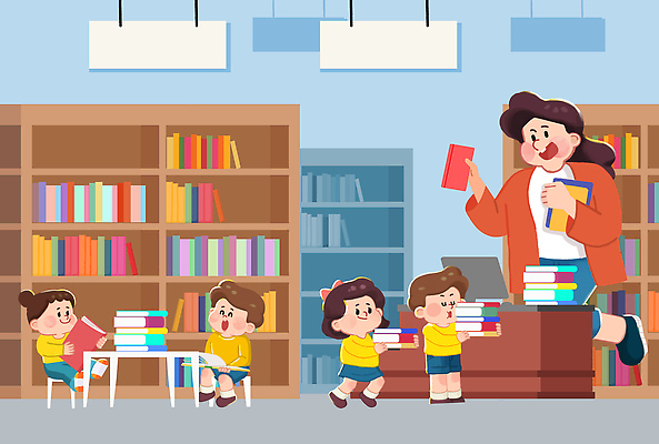 전신 PSD 여자 남자 어린이 의자 일러스트 책장 미소 웃음 들기 앉기 소녀 소년 여러명 성인 유치원생 책상 즐거움 유치원복 질서 유치원선생님 사서 책더미 도서대출 국내일러스트 직업 옷 감정 가구 다수 모션 표정 사람 책 교사 예절 도서관 대여 무더기 파일형식