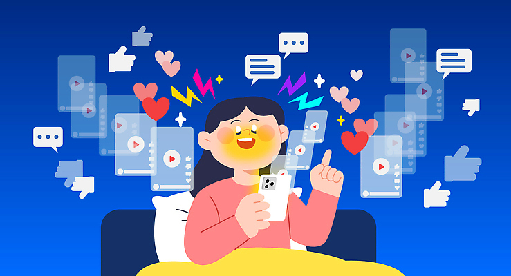 여자 말풍선 일러스트 베개 한명 들기 상반신 성인 파란색 핸드폰 눈감음 이불 하트 침대 가리킴 졸음 따봉 스마트폰중독 인터넷중독 성인여자한명만 숏폼 도파민 국내일러스트 AI파일 모양 1 감정 컬러 가구 침구 모션 사람 손짓 전자제품 스마트폰 최고 신조어 중독 여자한명만 성인여자만 파일형식 벡터