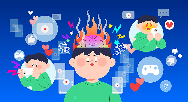 남자 어린이 말풍선 일러스트 불 미소 들기 소년 상반신 세명 파란색 핸드폰 눈감음 게임 하트 뇌 따봉 스마트폰중독 인터넷중독 소년만 게임중독 숏폼 도파민 국내일러스트 AI파일 자연요소 모양 컬러 모션 놀이 표정 사람 전자제품 스마트폰 최고 신조어 중독 남자만 어린이만 파일형식 벡터