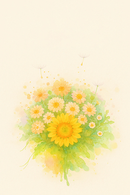 JPG 잎 꽃백그라운드 일러스트 수채화 국화 씨앗 사람없음 노란색 들꽃 파스텔톤 국내일러스트 AI일러스트 AI콘텐츠 식물 꽃 컬러 백그라운드 파일형식