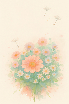 JPG 분홍색 잎 꽃백그라운드 일러스트 수채화 씨앗 사람없음 들꽃 파스텔톤 국내일러스트 AI일러스트 AI콘텐츠 식물 꽃 컬러 백그라운드 파일형식