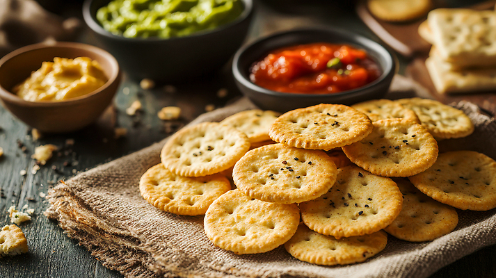 JPG 편집이미지 사람없음 쌓기 크래커 과자 원형 소스 천 종지 후추 나무탁자 소스그릇 바삭바삭 편집실사 AI포토 AI콘텐츠 도형 그릇 컨셉 모션 탁자 디저트 쿠키 직물 양념 향신료 CG 파일형식