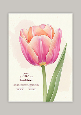 PSD 템플릿 분홍색 잎 한송이 카드템플릿 수채화 사람없음 튤립 초대장 이미지템플릿 식물 1 꽃 컬러 카드_감사 송이 파일형식