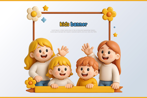 PSD 편집이미지 배너 여자 남자 꽃 별 어린이 프레임 미소 소녀 소년 여러명 상반신 반짝임 3D 손들기 잡기 손인사 어린이만 카피스페이스 편집3D 자연요소 식물 다수 모션 표정 사람 공백 인사 디지털합성 파일형식