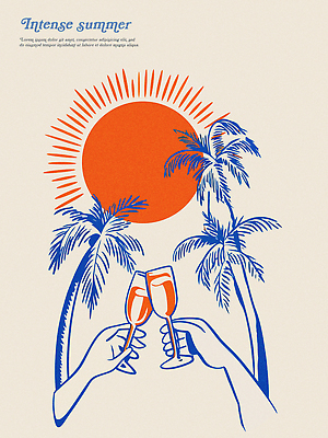 손 여행 일러스트 휴식 신체부위 파란색 여름휴가 야자수 태양 주황색 여름풍경 빈티지 샴페인 라인아트 건배 샴페인잔 국내일러스트 AI파일 자연요소 나무 선 컬러 컨셉 술잔 휴가 주류 사람 풍경 파일형식 벡터 여름_계절