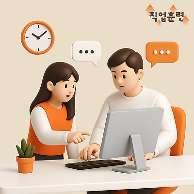 PSD 편집이미지 직업 여자 교육 남자 화분 시계 말풍선 의자 대화 설명 앉기 성인 두명 3D 모니터 가리킴 키보드 책상 다육식물 수강생 훈련자 성인만 편집3D 식물 가구 모션 말하기 사람 손짓 컴퓨터 연습 디지털합성 파일형식