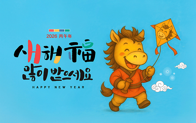 PSD 편집이미지 하늘색 수채화 웃음 들기 사람없음 걷기 잡기 한복 연날리기 말캐릭터 해피뉴이어 구름모양 새해복많이받으세요 2026년 이미지편집 모양 한국전통 동물캐릭터 모션 새해 표정 파란색 전통놀이 새해인사 말_동물 전통의상 연도 파일형식 구름_자연