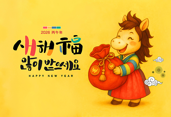 PSD 편집이미지 리본 수채화 복주머니 웃음 들기 사람없음 노란색 끈 원화 한복 말캐릭터 해피뉴이어 구름모양 새해복많이받으세요 2026년 이미지편집 모양 한국전통 컬러 동물캐릭터 돈 모션 새해 전통소품 표정 새해인사 말_동물 전통의상 연도 파일형식 구름_자연