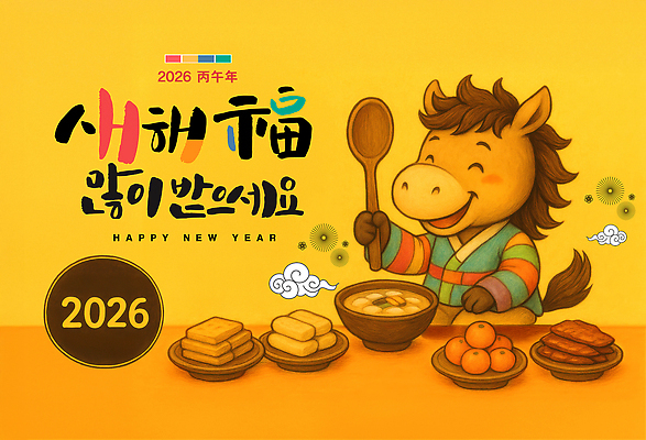 PSD 편집이미지 그릇 접시 수채화 귤 웃음 들기 사람없음 노란색 숟가락 한복 전 떡국 말캐릭터 해피뉴이어 구름모양 새해복많이받으세요 산적 인절미 2026년 이미지편집 모양 한국전통 식기 한식 음식 컬러 동물캐릭터 과일 모션 새해 떡 수저 표정 전통음식 새해인사 말_동물 전통의상 연도 파일형식 구름_자연