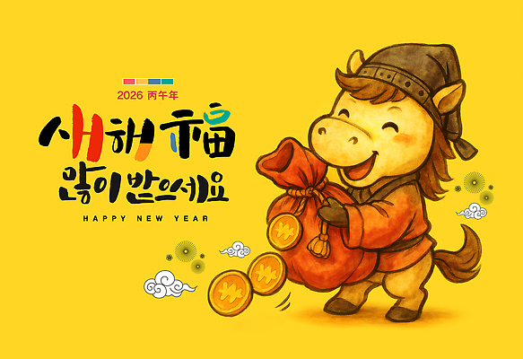 PSD 편집이미지 리본 수채화 웃음 들기 사람없음 노란색 동전 끈 원화 한복 자루 말캐릭터 해피뉴이어 구름모양 새해복많이받으세요 2026년 이미지편집 모양 한국전통 컬러 동물캐릭터 돈 모션 새해 표정 새해인사 말_동물 전통의상 연도 파일형식 구름_자연
