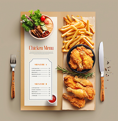 PSD 편집이미지 포크 사람없음 프라이드치킨 샐러드 감자튀김 소스 나이프 메뉴 메뉴판 후추 로즈메리 소스그릇 종이호일 이미지편집 그릇 식기 음식 감자 치킨 튀김 양념 칼 허브 향신료 파일형식