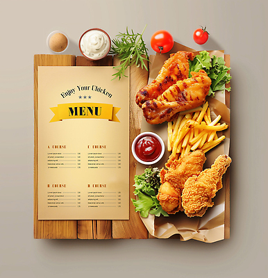 PSD 편집이미지 방울토마토 사람없음 프라이드치킨 감자튀김 소스 상추 메뉴 메뉴판 나무탁자 소스그릇 종이호일 이미지편집 그릇 토마토 채소 탁자 감자 치킨 튀김 양념 파일형식