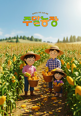 전신 PSD 구름 편집이미지 여자 남자 어린이 잎 하늘 미소 들기 소녀 성인 세명 농작물 햇빛 노란색 3D 바구니 농사 수확 체험 즐거움 밀짚모자 옥수수밭 주말농장 흙길 이미지편집 편집3D 자연요소 식물 모자_잡화 감정 길 컬러 컨셉 밭 농업 모션 표정 옥수수 사람 태양 농장 흙 디지털합성 파일형식