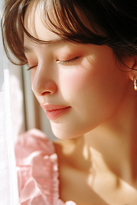 JPG 편집이미지 여자 얼굴 그림자 한명 미소 성인 햇빛 눈감음 귀걸이 설레임 의료성형뷰티 성인여자한명만 편집실사 AI인물포토 AI콘텐츠 1 감정 장신구 모션 표정 사람 신체부위 태양 CG 여자한명만 성인여자만 파일형식 AI포토