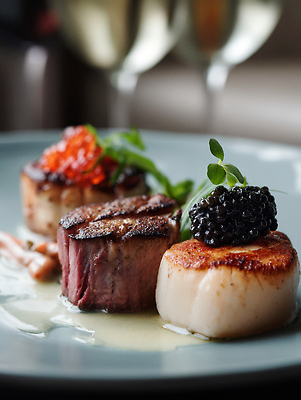 JPG 편집이미지 접시 와인잔 스테이크 사람없음 레스토랑 고명 화이트와인 작품 맛집 관자 연어알 캐비아 코스요리 플레이팅 편집실사 AI포토 AI콘텐츠 식기 술잔 식재료 서양음식 요리 미술 식당 와인 알 상차림 CG 파일형식