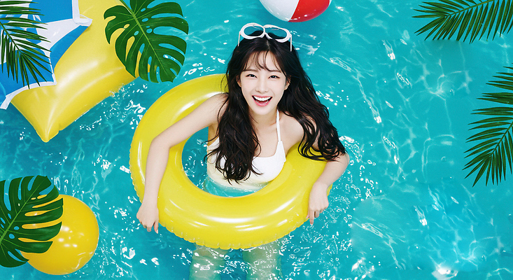 JPG 편집이미지 여자 수영복 여유 하늘색 잎 휴식 수영장 한명 미소 앉기 성인 여름휴가 잡기 수면 비치발리볼 튜브 의료성형뷰티 성인여자한명만 편집실사 AI인물포토 AI콘텐츠 식물 1 옷 감정 컨셉 모션 휴가 표정 사람 물 파란색 비치볼 배구 CG 여자한명만 성인여자만 파일형식 여름_계절 AI포토