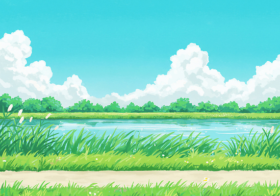 JPG 구름 길 호수 일러스트 하늘 잔디 사람없음 맑음 여름풍경 풀 화창 국내일러스트 AI일러스트 AI콘텐츠 자연요소 식물 날씨 풍경 파일형식 여름_계절