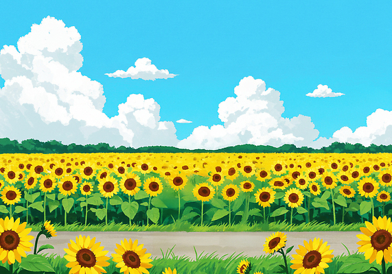 JPG 구름 잎 꽃밭 일러스트 하늘 해바라기 사람없음 맑음 여름풍경 꽃길 화창 국내일러스트 AI일러스트 AI콘텐츠 자연요소 식물 꽃 길 날씨 풍경 파일형식 여름_계절