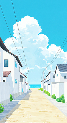 JPG 구름 벽 바다 일러스트 하늘 주택 그림자 사람없음 마을 맑음 여름풍경 풀 전봇대 마을길 화창 국내일러스트 AI일러스트 AI콘텐츠 자연요소 식물 공공시설 길 날씨 풍경 건물 파일형식 여름_계절