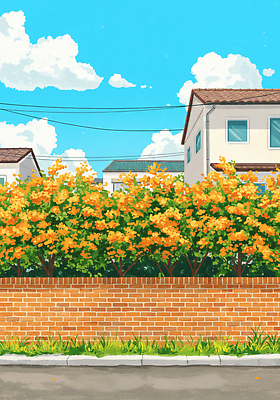 JPG 구름 길 일러스트 하늘 주택 꽃나무 사람없음 맑음 여름풍경 전선 풀 벽돌담 화창 국내일러스트 AI일러스트 AI콘텐츠 자연요소 나무 식물 꽃 날씨 벽돌 풍경 건물 담장 파일형식 여름_계절