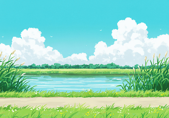 JPG 구름 길 일러스트 하늘 잔디 사람없음 강 맑음 여름풍경 풀 화창 국내일러스트 AI일러스트 AI콘텐츠 자연요소 식물 날씨 풍경 파일형식 여름_계절