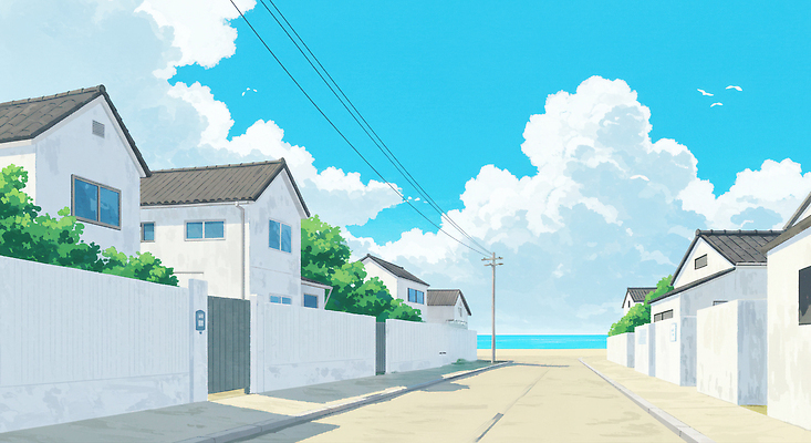 JPG 구름 벽 일러스트 하늘 주택 그림자 사람없음 마을 맑음 여름풍경 전봇대 마을길 화창 국내일러스트 AI일러스트 AI콘텐츠 자연요소 공공시설 길 날씨 풍경 건물 파일형식 여름_계절