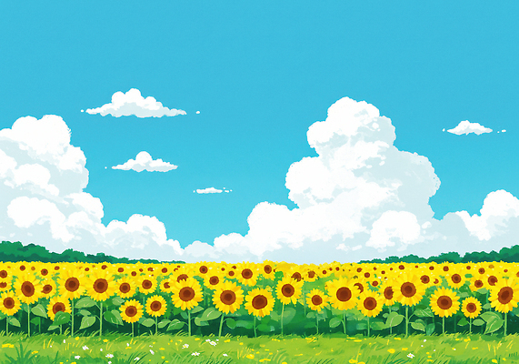 JPG 구름 잎 꽃밭 일러스트 하늘 해바라기 잔디 사람없음 맑음 여름풍경 화창 국내일러스트 AI일러스트 AI콘텐츠 자연요소 식물 꽃 날씨 풍경 파일형식 여름_계절