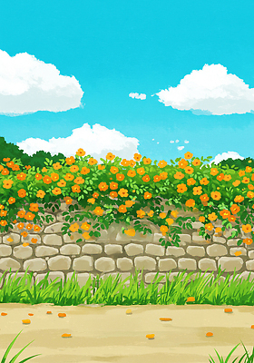 JPG 구름 꽃잎 꽃 일러스트 하늘 돌담 잔디 사람없음 맑음 여름풍경 풀잎 화창 흙길 국내일러스트 AI일러스트 AI콘텐츠 자연요소 식물 길 잎 날씨 풍경 담장 흙 돌_바위 풀_식물 파일형식 여름_계절