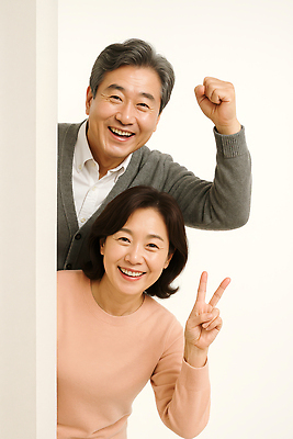 JPG 편집이미지 여자 남자 행복 중년 미소 상반신 두명 파이팅 브이 중년부부 의료성형뷰티 중년만 편집실사 AI인물포토 AI콘텐츠 부부 감정 모션 표정 사람 손짓 성인 CG 성인만 파일형식 AI포토