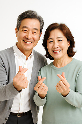 JPG 편집이미지 여자 남자 행복 중년 미소 상반신 두명 중년부부 손하트 의료성형뷰티 중년만 편집실사 AI인물포토 AI콘텐츠 부부 감정 표정 사람 손짓 성인 CG 성인만 파일형식 AI포토
